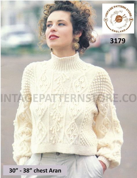 Ladies aran sweater knitting pattern, Ladies Womens 90s Funnel neck cropped aran cable sweater jumper pattern - 30 - 38 PDF download 3179 90s Sweater Knitting Pattern, Cable Knitting Patterns Sweater Jumpers, Funnel Neck Knit Sweater Pattern, Chunky Cable Sweater Pattern, Cable Jumper Knitting Pattern, Funnel Neck Sweater Pattern, Cable Sweaters, Aran Sweaters, Aran Jumper