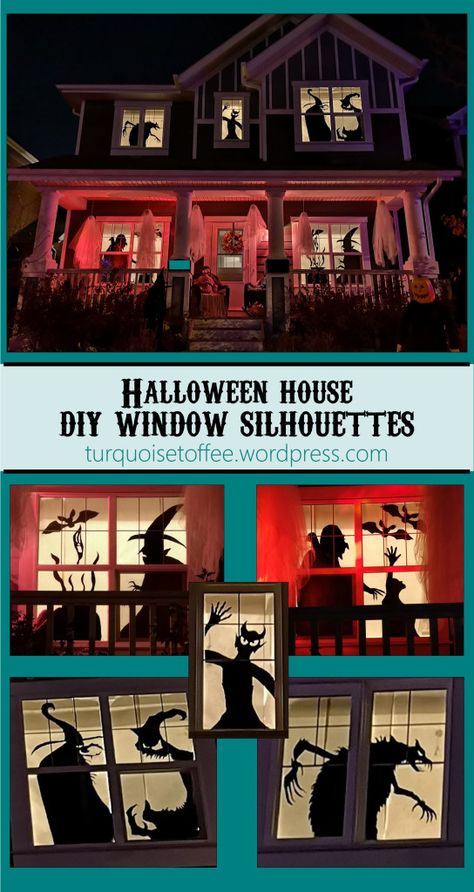 Halloween House DIY Window Silhouettes – turquoise toffee Best Halloween House Decorations, Halloween House Outside Decoration, Thanksgiving Window Decorations Diy, Spooky Window Decor, Spooky Silhouettes Halloween Window, Diy Halloween Decorations Window, Spooky Window Silhouettes, Window Halloween Silhouettes, Diy Halloween Garage Door