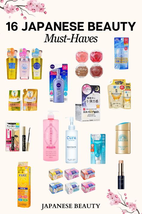 Image reads '16 Japanese Beauty Must-Haves' with cherry blossom trees on either side and floating images of viral beauty products available online or at Japanese drugstores. Best Japanese Skincare Products, Japanese Skincare Products, Best Japanese Skincare, Japan Skincare, Japanese Beauty Products, Affordable Makeup Products, Packing Essentials List, Japanese Skincare, Trip To Japan