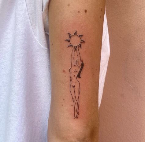 Tattoo Ideas Female Ethereal, Spiritual Woman Tattoo Design, When It’s Dark Look For Stars Tattoo, Going To California Tattoo, Tattoo For Empaths, Reaching For The Stars Tattoo, Cute Earthy Tattoos, Feminine Body Tattoos, Where There Is Love We Must Live On Gvf Tattoo