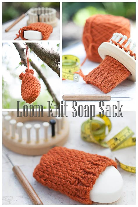 Wool soap sacks are an easy and useful loom knitting project!                   I have to admit, my husband makes a mess in the bathroo... Soap Sack, Sock Loom, Round Loom Knitting, Loom Board, Loom Knitting Tutorial, Loom Knitting Stitches, Loom Crochet, Round Loom, Spool Knitting