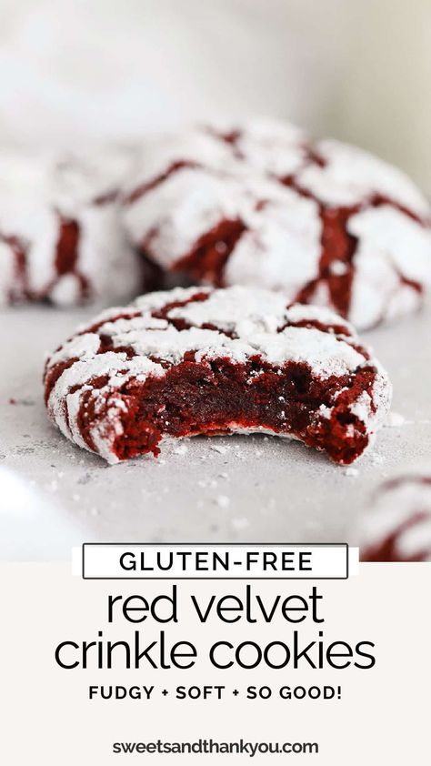 Gluten Free Crinkle Cookies Recipe, Meal Prep Ideas Gluten Free, Cookie Gluten Free, Gf Crinkle Cookies, Red Velvet Sugar Cookies, Gluten Free Red Velvet Cookies, Christmas Baking Gluten Free, Christmas Desserts Gluten Free, Cookie Recipes Gluten Free