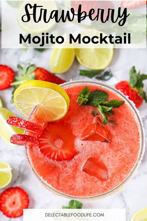 if you are looking for the most delicious Mojito Mocktail, you will love this Refreshing Virgin Strawberry Mojito Mocktail Recipe! It's easy, sparkling and colorful! Sweet Strawberries, fresh limes, simple syrup or agave nectar, mint, ice, and bubbly water combine into a fun twist on a Mojito. This fresh Strawberry Mojito Mocktail will be in your regular drink rotation. Strawberry Mojito Recipe Non Alcoholic, Mocktail By The Pitcher, Strawberry Lime Mocktail, Strawberry Basil Mocktail, Agave Syrup Recipes, Virgin Strawberry Mojito, Strawberry Mojito Mocktail, Strawberry Mojito Recipe, Tropical Disco