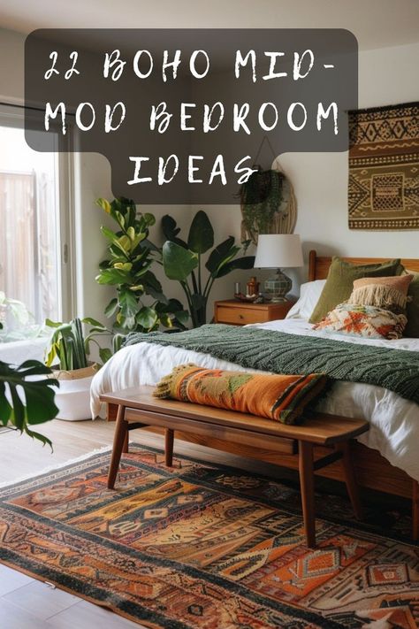 Looking to update your bedroom with a blend of bohemian and mid-century modern styles? Check out these 22 stunning ideas that perfectly marry the two aesthetics. From vibrant textiles to sleek furniture, find inspiration to transform your space. Click to explore the ultimate boho mid-mod bedroom makeover. 🛏️✨ #BohoBedroom #MidCenturyModern #HomeDecor #InteriorDesign #BedroomInspiration Townhome Decorating Ideas Master Bedrooms, Boho Modern Bedding, Malm Oak Bedroom Ideas, Mid Century Modern Dark Bedroom, Modern Boho Bedroom Furniture, Lively Bedroom Ideas, Bohemian Guest Room, Primary Suite Design, Minimal Bohemian Bedroom