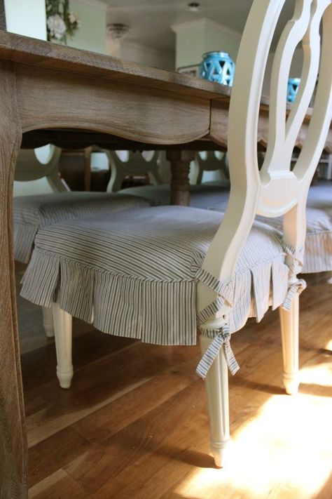 Ballerina tie dining chair - Slipcovers by Shelley Dining Chairs Diy, Dining Room Chair Slipcovers, Dining Chair Seat Covers, Kitchen Chair Covers, Cushion Ideas, French Dining Chairs, Dining Room Chair Covers, Kitchen Chair Cushions, Farmhouse Dining Chairs