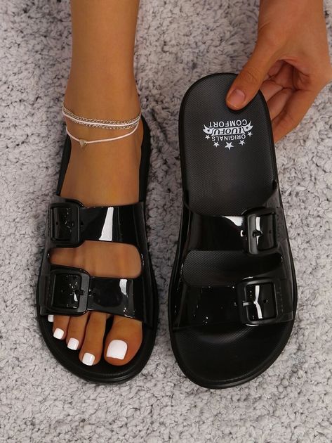 Double Buckle Strap Slide Sandals | SHEIN USA Cute Slides, Women Slides, Embroidered Shoes, Footbed Sandals, Jelly Sandals, Womens Sandals Flat, Shoe Obsession, Trendy Shoes, Summer Shoes