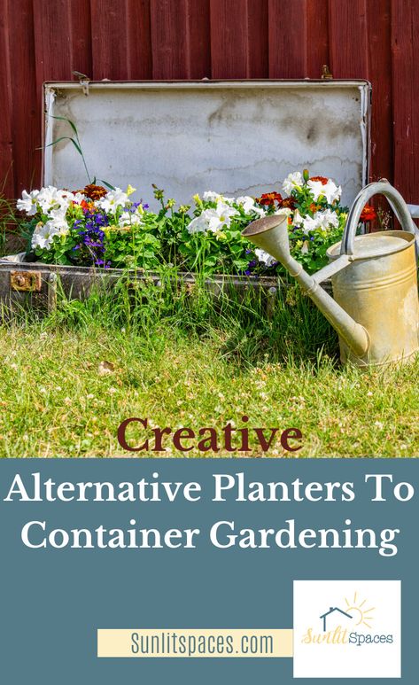 Alternative Planters For Container Gardening: Idea, Tips- sunlitspaces.com Alternative Planters, Container Gardening Ideas, Spring Porch Decor, Lake Garden, Upcycle Garden, Garden Tool Storage, Plastic Planters, Diy Gardening, Diy Backyard Landscaping