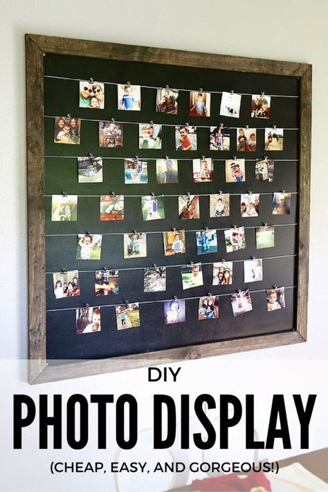 Gorgeous, simple, and easy DIY photo display for Instagram and family photos. Photos are clipped on so it's easy to change them anytime you want! // Love & Renovations 4x6 Photo Display, Diy Photo Displays, Displaying Family Pictures, Photo Collage Diy, Diy Photo Display, Photo Display Ideas, Make A Photo Collage, Photo Wall Display, Diy Instagram