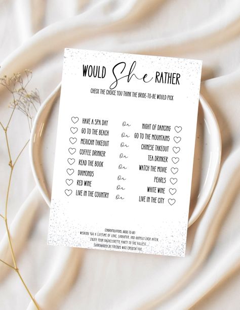 Make your bridal shower or bachelorette party unforgettable with our fun and interactive 'Would She Rather' bride-to-be printable game. Perfect for bringing laughter and entertainment to your special event. Game Bachelorette Party, Bachelorette Party Activities, Would She Rather, Fun Bridal Shower Games, Thrifty Diy, Printable Game, Bridal Shower Game, Wedding Prep, Party Activities