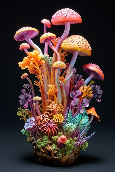 AI generated polymer clay idea, Midjourney art, AI art, sculpture of mushrooms and flowers, colorful, vibrant, mushrooms arranged like a coral reef, natural beauty in art, whimsical mushroom sculpture, surreal mushroom art, dreamlike mushroom installation, artistic interpretation of nature Polymer Clay Artists, Mushrooms Polymer Clay, Mushroom Art Installation, Large Polymer Clay Sculptures, Clay And Resin Projects, Whimsical Clay Art, Mushroom Installation, Polymer Mushrooms, Mushrooms Sculpture