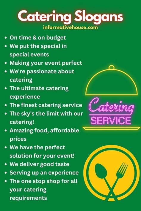 Catering Slogans For Business Slogans For Business, Catering Business Logo, Catering Menu Design, Party Planning Food, Starting A Catering Business, Catering Logo, Catering Food Displays, Business Strategy Management, Food Business Ideas