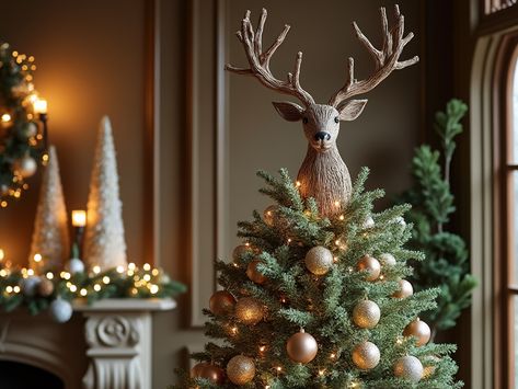 A rustic twig reindeer tree topper on a Christmas tree decorated with gold ornaments and warm lights, set in a cozy holiday living room with festive greenery and candles. Deer Tree Topper, Woodland Tree Topper, Rustic Christmas Tree Toppers, Twig Reindeer, Cozy Holiday Decor, Burlap Stockings, Warm Lighting, Rustic Holiday, Rustic Theme