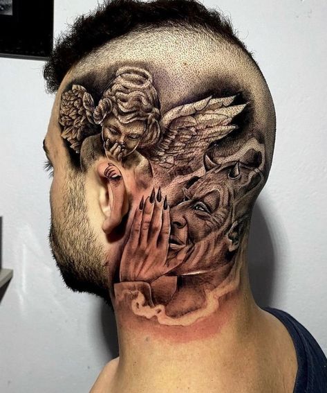 Back Head Tattoo Men, Full Throat Tattoo Men, Side Face Tattoo Men, Angel Whispering In Ear Tattoo, Angel Whispering In Ear Tattoo Design, Head Tattoos For Men, Head Tattoo Men, Face Tattoo Men, Chest Tattoo Stencils