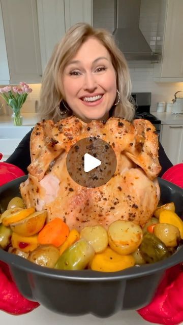 Jennifer Valentyne on Instagram: "Easy Bundt Pan Chicken 
is amazing!!! ❤️
You’ve gotta try it! 
Oil and season your fave veggies and fill the pan. 🥕🥦🥔🧅🫑
Place a whole oiled and seasoned chicken on top. 
In the oven at 400° for 1 hour …Depending on your oven. I always check the temp with a meat thermometer to make sure it’s 165°F. If it’s not place it back in and keep checking. Let it rest for 5 to 10 minutes after you take it out. 
Super Easy and after you try it you’ll make it again and again. 
Let me know if you do. 
#chickenrecipes #easyrecipes #delicious #hack" Chicken Bundt Pan Recipe, Bunt Pan Whole Chicken, Bundt Pan Chicken And Vegetables, Easy Whole Chicken Recipes, Bundt Pan Chicken, Whole Chicken In The Oven, Easy Oven Recipes, Bundt Pan Recipes, Ww Dinner