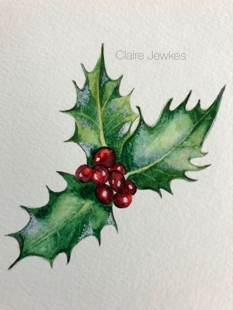 Christmas Small Painting Ideas, Holly Painting Christmas, Christmas Holly Painting, Christmas Small Drawings, Christmas Holly Drawing, Small Christmas Drawings, Small Christmas Paintings, Watercolour Holly, Xmas Drawing Ideas