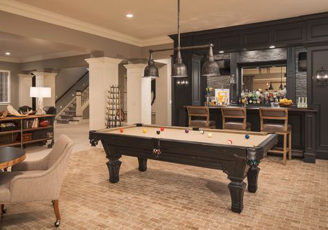 49 Cool Pool Table Lights to Illuminate Your Game Room | Home Remodeling Contractors | Sebring Design Build Kitchen Design Countertops, Open Kitchen Layouts, Pool Table Room, White Granite Countertops, Basement Layout, White Shaker Kitchen, Home Remodeling Contractors, Recreational Room, White Subway Tile Backsplash