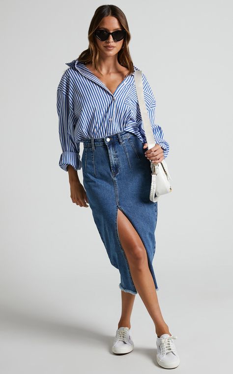 Janeve Midi Skirt - Front Split Denim Skirt in Dark Blue | Showpo USA Blue Denim Skirt Outfit, Midi Denim Skirt Outfit, Denim Long Skirt Outfit, Blue Jean Skirt Outfits, Long Denim Skirt Outfits, Skirt Outfits For Women, Denim Skirt Outfit Summer, Skirt Lookbook, Split Denim Skirt