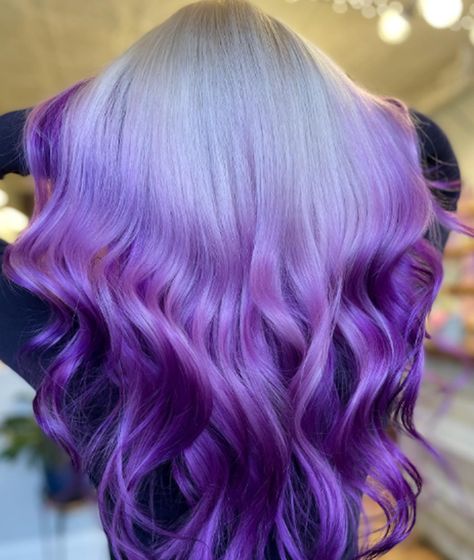 Grapesicle Purple Ombre Hair Idea Purple Dyed Hair Ideas, Blonde And Purple Hair Ombre, Blond And Purple Hair, White And Purple Hair, Lavender Hair Ombre, Purple Hair Color Ombre, Ombre Hair Ideas, Purple Grey Hair, Purple Balayage