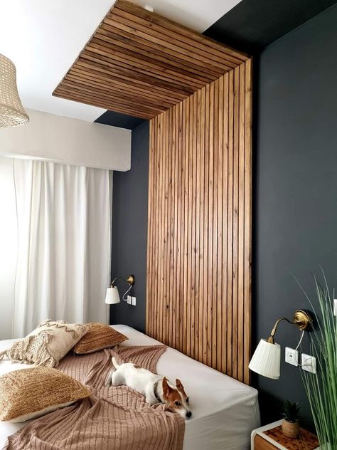 Slatwall Bedroom, Wooden Slats Behind Bed, Slat Wall Bedroom Ideas, Wood Slat Headboard Wall, Wooden Panelling Walls Bedroom, Basement Accent Wall, Young Adult Bedroom, She Shack, Georgian Country House