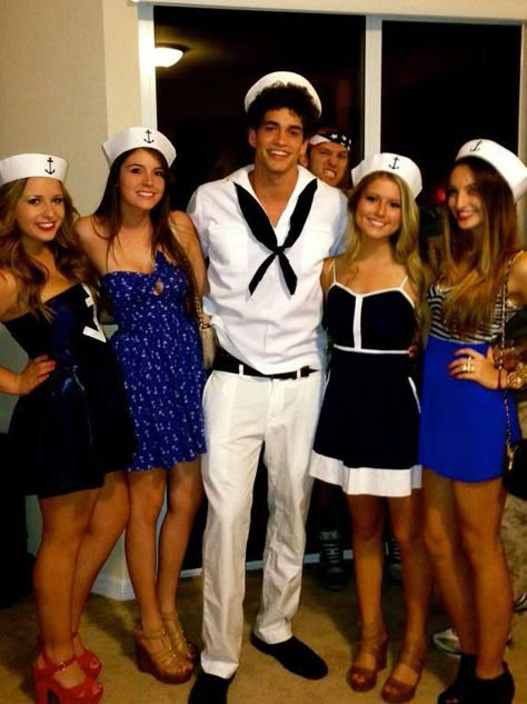 Group Costumes | sailors and their captain Captain Costume, Navy Costume, Nautical Themed Party, Costumes Diy, Nautical Party, Fun Group, Group Costumes, Cute Costumes, Movie Costumes