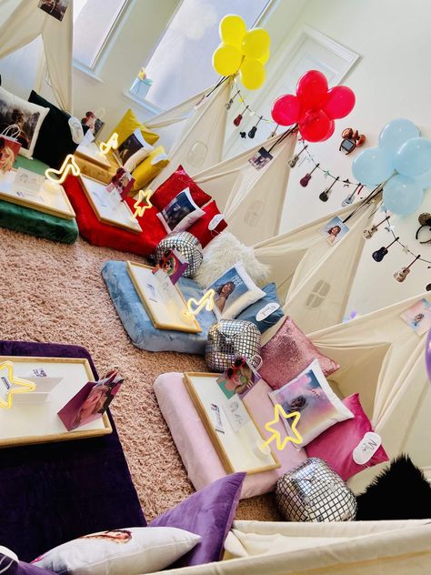 Mariah's Eras Tour | CatchMyParty.com Taylor Swift Eras Tour Party, Eras Tour Birthday Party, Eras Tour Party, Birthday Taylor Swift, Swiftie Birthday, 12th Birthday Party Ideas, Bday Stuff, Birthday Sleepover Ideas, Taylor Swift Birthday Party Ideas