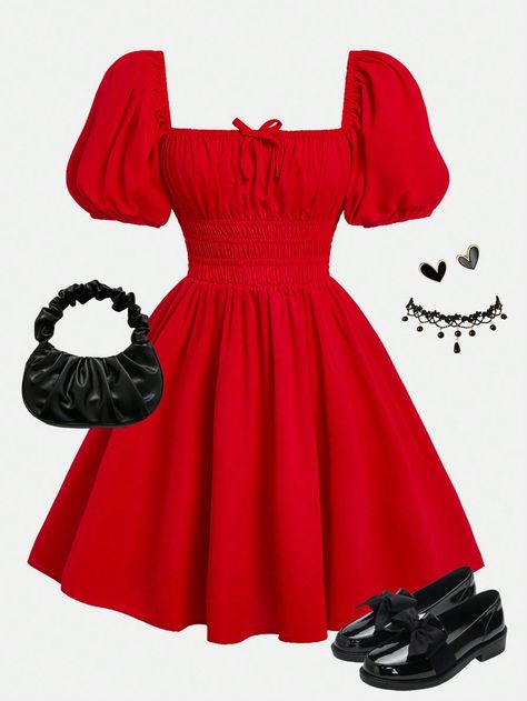 Red Cute Collar Short Sleeve Woven Fabric Plain A Line Embellished Non-Stretch  Teen Girls Clothing Christmas Dresses For Teens, Frocks For Teenager, Christmas Dress For Teens, Simple Red Dress, Cute Simple Dresses, Red Flare Dress, Pretty Red Dress