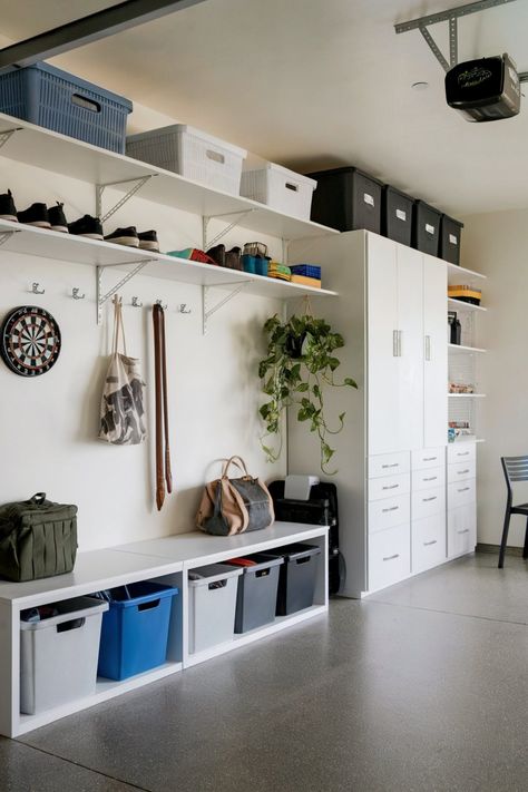 Declutter Your Garage with These 20 Inventive Garage Mudroom Ideas Garage Shelf Storage Ideas, Garage Layout Organization, White Garage Storage, Garage Conversion Office And Storage, Mud Room Garage Ideas, Space Saving Garage Ideas, Garage Storage With Fridge, Small Garage Organization Ideas Storage, Garage Organization Shoes And Coats