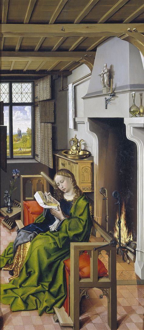 Master of Flemalle (Robert Campin?), The Werl Altarpiece (left panel), Saint Barbara, completed 1438 in Cologne. Now in the Prado, Madrid. 547×1,285 pixels Robert Campin, Saint Barbara, Medieval Furniture, Van Eyck, Medieval Life, Medieval Houses, European Paintings, Catholic Art, Medieval Art