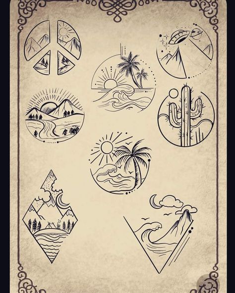 Circle Ocean Tattoo, Mountain And Ocean Tattoo, Simple Ocean Tattoo, Travel Tattoo Ideas, Beachy Tattoos, Learn To Tattoo, Hawaii Tattoos, Island Tattoo, Flash Ideas