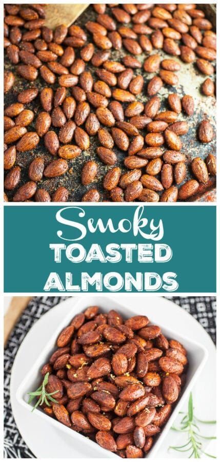 These Smoky Toasted Almonds are easy to prepare and make a great healthy snack! They're tossed in a savory mixture of spices and roasted in the oven until crunchy. These almonds are topped with fresh rosemary so they're fragrant and perfect to enjoy with wine. They're perfect to enjoy as an appetizer for a party or on top of salads or side dishes. These seasoned almonds make a great Spanish tapas. Perfect to serve with cocktails or a drink. #almonds #toasted #healthy #glutenfree What To Do With Almonds, Seasoned Almonds, Roasted Almonds Recipe, Gluten Free Party Food, Spiced Almonds, Finger Foods Easy, Spanish Tapas, Nut Recipes, Quick Appetizers