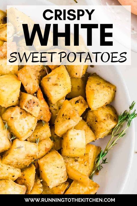 Crispy roasted white sweet potatoes are a delicious twist on a classic side dish! This easy white sweet potato recipe uses simple spices and fresh herbs to create perfectly caramelized cubes that are great with any meal. Whether you're new to white sweet potatoes or looking for a fresh recipe, this dish is perfect for breakfast with eggs or as a dinner side. White Sweet Potatoes Recipes, Yellow Sweet Potato Recipes, White Yams Recipe, White Sweet Potato Recipes, White Sweet Potato Recipe, White Sweet Potato, White Yam, Edges Simple, Aip Meals