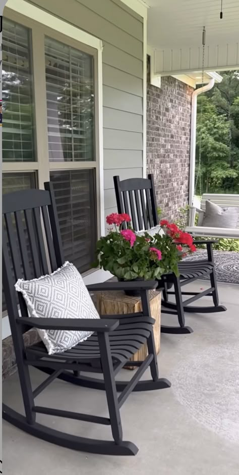 Sitting Front Porch Ideas, Small Front Porch Chair And Table, Smaller Front Porch Ideas, Front Porch Ideas Rocking Chairs, Small Front Porch With Rocking Chair, Front Porch Rocking Chair Ideas, Porch Rocking Chair Decor, Small Front Porch Furniture Ideas, Front Porch Rocking Chair Decor