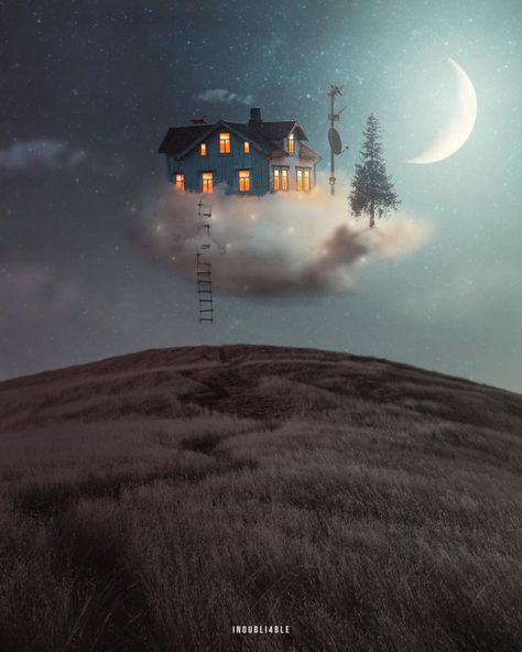 House On Clouds, Cloud Edit, Cloud House, House In The Clouds, Surreal Artwork, Surreal Photos, House Sketch, Web Design Graphic, Digital Art Gallery