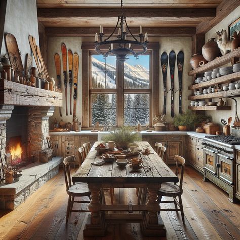 Immerse in the charm of a cozy ski house kitchen, boasting a grand stone fireplace, rustic oak table, and a vintage gas stove. Antique ski decor, a mountain-view window, and a character-rich chandelier enhance the homely, nostalgic vibe. #SkiHouse #RusticKitchen #MountainView #AntiqueDecor #CozyInterior #VintageKitchenDesign Antique Skis Decor, Ski Lodge Kitchen, Lodge Kitchen Ideas, Stone Fireplace Rustic, Tudor Garage, Ski House Kitchen, Rustic Ski Lodge, Antique Kitchen Stoves, Fireplace Rustic