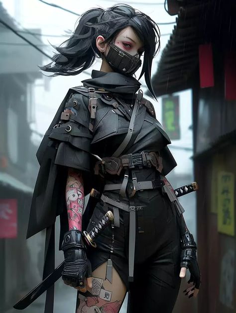 Cybernetic ninja Street Samurai Cyberpunk Female, Female Ninja Art, Ninja Attire, Female Ninja Assassin, Ninja Female, Dystopian Character, Street Ninja, Ninja Women, Cyberpunk Ninja