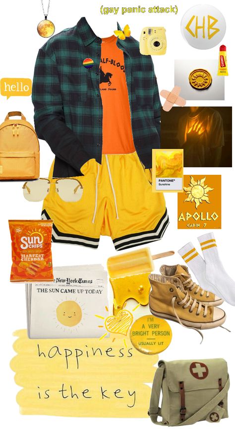 Cold Sore Lip, Apollo Aesthetic, Apollo Cabin, Blood Shirt, Yellow Converse, Yellow Backpack, Cold Sores, Will Solace, Medical Bag