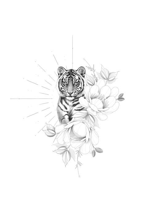 Tiger Small Tattoo, Tiger Cherry Blossom Tattoo, Fineline Tiger Tattoo, Tiger And Flower Tattoo, Floral Tiger Tattoo, Tigress Tattoo, White Tiger Tattoo, Ink Tattoo Design, Red Tattoo Ideas