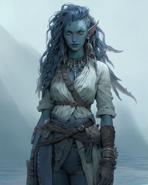 Water Genasi Female Pirate, Water Elemental Character Design, Storm Sorcerer Dnd, Water Genasi Pirate, Water Nymph Character Design, Simic Hybrid Dnd, Dnd Water Genasi Female, Water Genasi Dnd, Triton Character Design