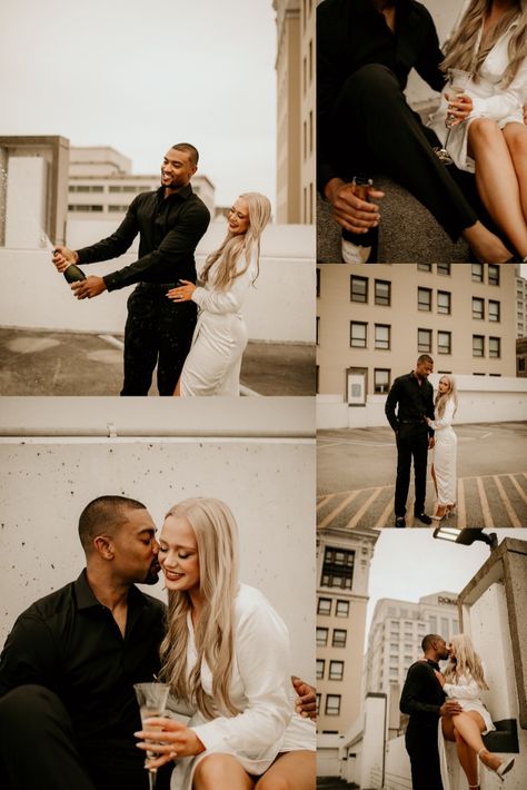 Champagne Dress Engagement Pictures, Pop Champagne Engagement Pictures, Rooftop Champagne Pop, Engagement Photoshoot Champagne, Engagement Pics Champagne, Champagne Couples Photos, Engagement Photo Champagne, Champagne Pop Engagement Photos, Popping Champagne Pictures