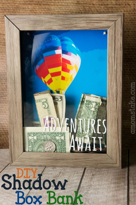 DIY Shadow Box Bank tutorial and free printable background art - Adventures await fun travel themed bank to save for a vacation Piggy Bank Diy, Military Shadow Box, Printable Background, Diy Shadow Box, Box Shadow, Dremel Tool, Box Display, Fun Travel, Box Diy