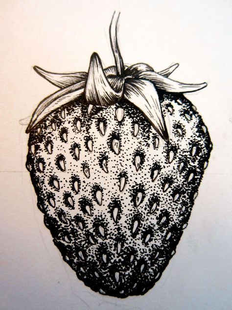 strawberry illustration ♥ Strawberry Sketch Pencil, Strawberry Pencil Drawing, Strawberry Illustration Drawings, Drawing Of A Strawberry, Fruit Black And White, Illustration Strawberry, Strawberry Illustration, Stippling Drawing, Strawberry Drawing