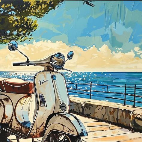 Vespa Wallpaper, Vespa Art Design, Vespa Painting Acrylic, Vespa Watercolor Painting, Vespa Poster, Vespa Lambretta, Vintage Poster Art, Colorful Art, Digital Painting