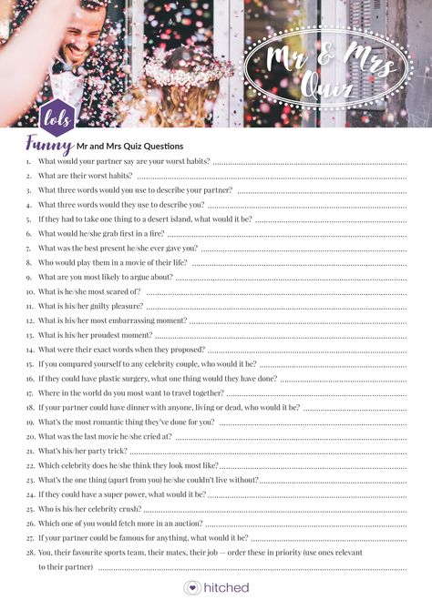 Need Mr and Mrs questions? We've got 75 of the naughtiest, trickiest and funniest Mr and Mrs quiz questions for you to download and print! It's the ultimate hen party game so get ready to challenge your bride. Click through to Hitched for the whole 75 questions. Mr And Mrs Questions Funny, Mr And Mrs Game Questions, Mr And Mrs Quiz Questions, Mr And Mrs Questions, Mr And Mrs Quiz, Mr And Mrs Game, Trivia Questions For Adults, Funny Trivia Questions, Funny Quiz Questions