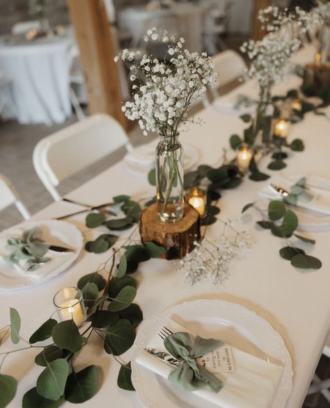 Weddings With Eucalyptus, Outdoor Wedding Ideas Sage Green, Eucalyptus Dinner Table Decor, Sage Color Centerpieces, Mason Jar Candle Centerpieces For Weddings, Wedding Table Settings Greenery, Round Tables Backyard Wedding, Wedding Decoration Eucalyptus, Eucalyptus Wedding Table Decor Simple