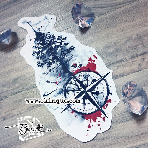 Trash polka pine tree compass forest tattoo design Tree And Compass Tattoo, Tree Compass Tattoo Ideas, Trash Polka Tree Tattoo, Forest Compass Tattoo, Compass Trash Polka Tattoo Design, Compass Forest Tattoo, Forest Tattoo Design, Trash Polka Forest Tattoo, Pine Tattoo