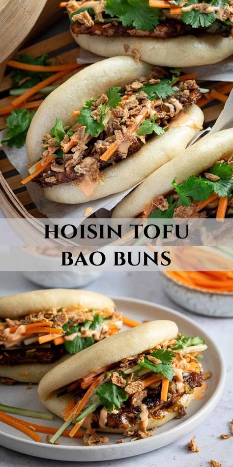 Hoisin tofu bao buns - soft, fluffy bao filled with sticky glazed hoisin tofu, crisp vegetables, sriracha mayo and crispy fried onions - heaven! Vegetarian Steamed Buns, Bao Bun Vegetarian, Vegetable Bao Buns, Vegan Bao Bun Filling, Tofu Bao Buns Recipe, Bao Buns Vegetarian, Bao Buns Recipe Vegetarian, Vegetarian Bao Buns, Vegan Buns Recipe