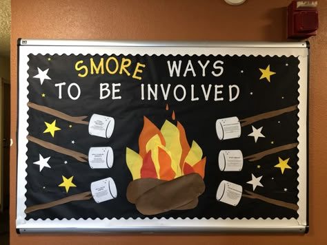 Smore ways to be involved / campfire Bonfire Bulletin Board, Nhs Bulletin Board, S’mores Bulletin Board, Ffa Bulletin Boards Ideas High Schools, Ffa Bulletin Boards Ideas, Western Bulletin Boards, Ra Activities, Camping Bulletin Boards, Agriculture Classroom