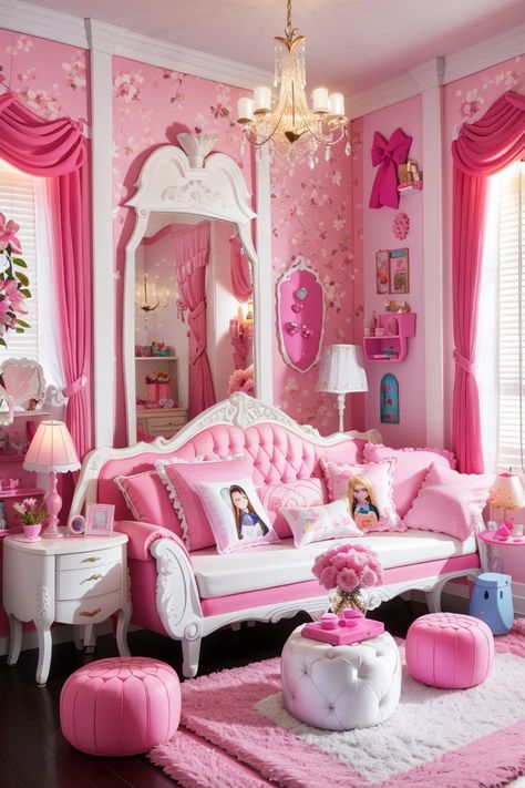 Transform your space into a Barbie dream with these chic home decor ideas! 💖✨ Discover the magic of #BarbieDecor, from pink paradise to glam vibes. Explore #BarbieInspo for the ultimate room makeover. #HomeDecorGoals #DreamHouse #GlamLiving #InteriorDesign #PinkParadise #ChicInteriors #BarbieDreamHome #InstaHome #TrendyDecor #FashionistaDecor" Barbie Themed Room, Barbie Airbnb, Barbie Girls Room, Barbie Living Room, Barbie Room Decor, Chic Home Decor Ideas, Barbie Bedroom, Barbie Room, Pink Paradise