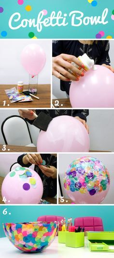 Create It: Confetti Bowl. A fun, creative way to add a pop of color into your house for spring! #spring #confetti #dyi Diy Confetti Bowl, Confetti Bowl, Kindergarten Art Lessons, Diy Confetti, Diy Bowl, Balloon Crafts, Crafts For Seniors, Craft Club, Balloon Diy