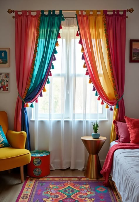 Boho Bedroom Curtains ideas Colorful Boho Room Decor, Bedroom Curtains Aesthetic, Boho Curtain Ideas, Aesthetic Curtains, Creative Curtains, Pretty Curtains, Cortinas Boho, Pom Pom Curtains, Teal Curtains